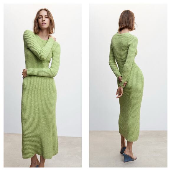 Mango Pistachio Knit Ribbed Long Sleeve Midi Dress Size Large Stretch Vacation - Picture 13 of 13